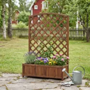 Blomlåda med spalje i trä | 80×30×120 cm | För klätterväxter | Brun