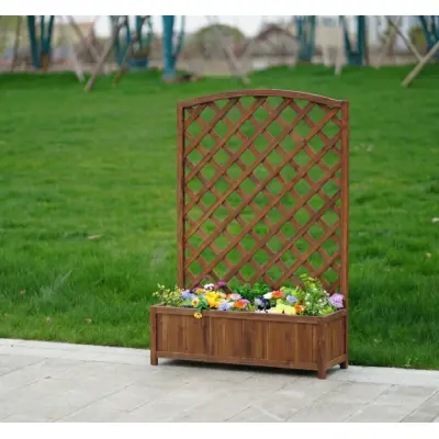 Blomlåda med spalje i trä | 80×30×120 cm | För klätterväxter | Brun