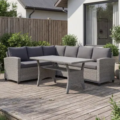 Loungegrupp hörnsoffa med bord grå  modern utegrupp i konstrotting | Stenvik