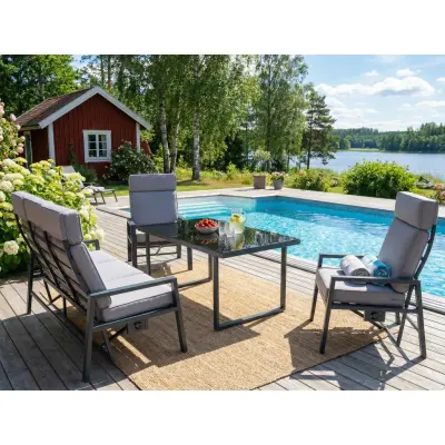 Loungegrupp i aluminium med recliner  Soffa, 2 stolar&bord | Apelviken