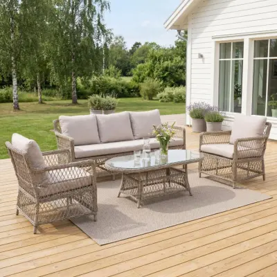 Loungegrupp i naturfärgad Rotting | Soffa, Fåtöljer&Bord i Aluminium | Vexa