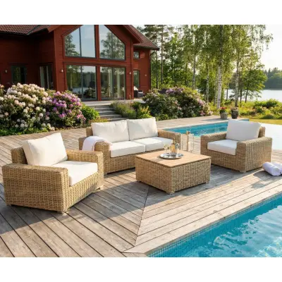 Loungegrupp i rotting | Soffa, fåtöljer&bord | Dynor ingår | Solena premium