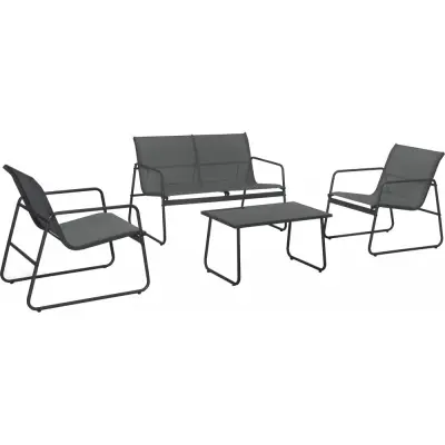 Loungegrupp i svart textilen och svartlackad metall | Soffa, 2 fåtöljer&bord | Zanzibar