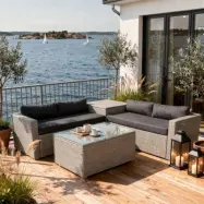 Loungegrupp med dynbox&förvaring | Grå konstrotting | Bord med glasskiva | Orlando