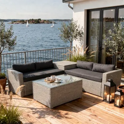 Loungegrupp med dynbox&förvaring | Grå konstrotting | Bord med glasskiva | Orlando