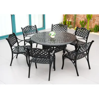 Rund matgrupp i aluminium för utomhusbruk | Ø130 cm | 6 stolar | Svart
