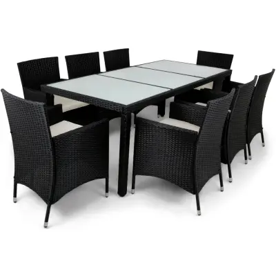 Trädgårdsmatgrupp 8 stolar  Svart bord med glasskiva | Lysekil