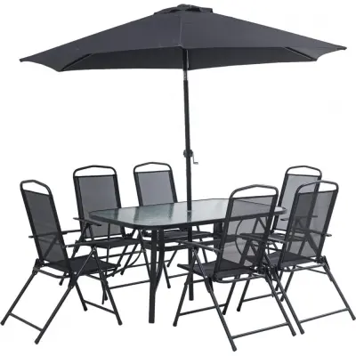Växjö utegrupp komplett med bord | 6 positionsstolar och parasoll | Svart |