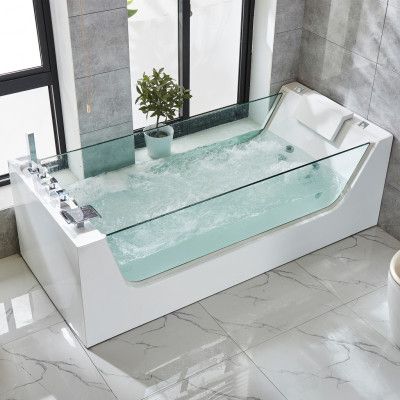 Bubbelbadkar med glassidor 170x80cm | Ergonomisk nackkudde | BK-003