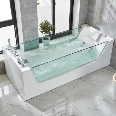 Bubbelbadkar med glassidor 170x80cm | Ergonomisk nackkudde | BK-003