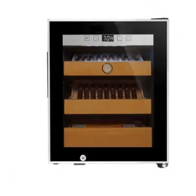 Cigarrhumidor 34L | Premium elektrisk humidor med kompressorkylning | 3 bokträshyllor&UV-skyddad glasdörr