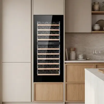Integrerad vinkyl 60 flaskor | Push-to-Open | Extra tystgående | LED-belysning