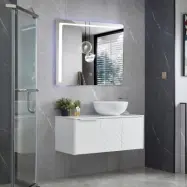 Badrumsmöbel 100cm | Kommod med runt tvättställ | LED-spegel