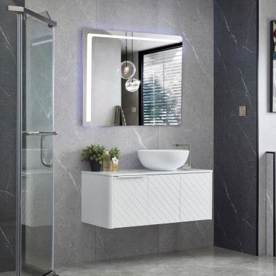 Badrumsmöbel 100cm | Kommod med runt tvättställ | LED-spegel