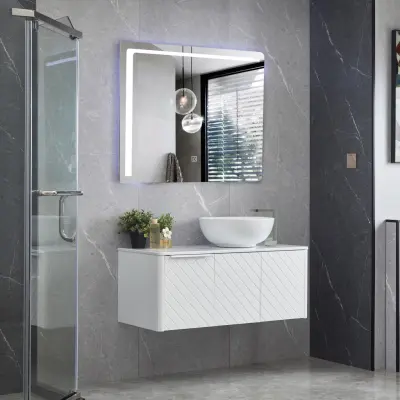 Badrumsmöbel 100cm | Kommod med runt tvättställ | LED-spegel