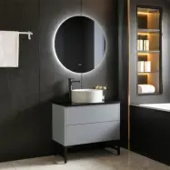 Badrumsmöbel 80cm | Svart glasbänkskiva | LED-spegel | Cavum