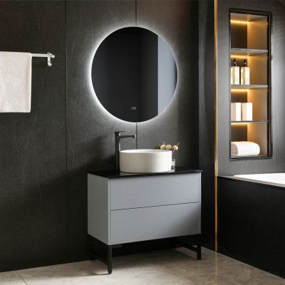 Badrumsmöbel 80cm | Svart glasbänkskiva | LED-spegel | Cavum