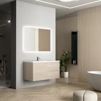 Badrumsmöbler Vega 100 cm - Ljus träimitation + 2.00 x Badrumskrok