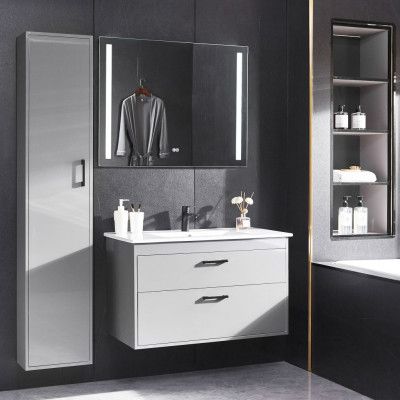 Badrumspaket | Kommod 90 cm | Sidoskåp&LED-spegel | Grå