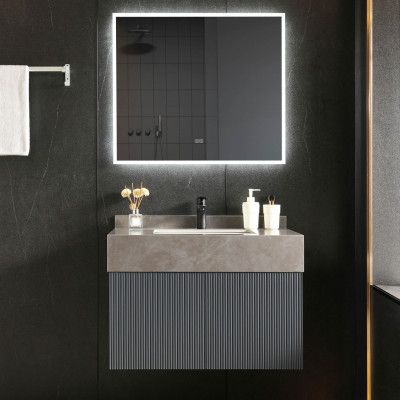 Badrumspaket 100cm | Tålig sintrad sten | LED-spegel | Cirrus Grey