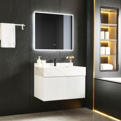 Badrumspaket 100cm | Tålig sintrad sten | LED-spegel | Cirrus White