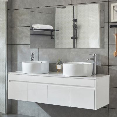 Badrumspaket 150cm | Kommod med dubbelhandfat& spegel | Vit