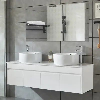 Badrumspaket 150cm | Kommod med dubbelhandfat& spegel | Vit