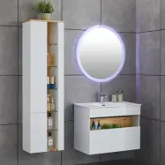 Badrumspaket 80cm | Kommod, LED-spegel och högskåp | Högblank