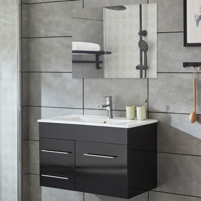 Badrumsskåp 80cm | Kommod med handfat& spegel | Högblank svart