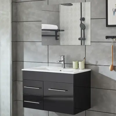 Badrumsskåp 80cm | Kommod med handfat& spegel | Högblank svart