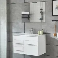 Badrumsskåp 80cm | Kommod med handfat& spegel | Högblank vit