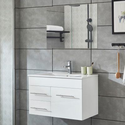 Badrumsskåp 80cm | Kommod med handfat& spegel | Högblank vit