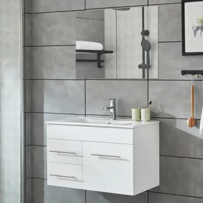 Badrumsskåp 80cm | Kommod med handfat& spegel | Högblank vit