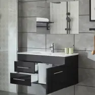 Kommod 100cm | Med tvättställ& badrumsspegel | Högblank svart