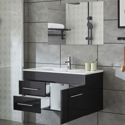 Kommod 100cm | Med tvättställ& badrumsspegel | Högblank svart