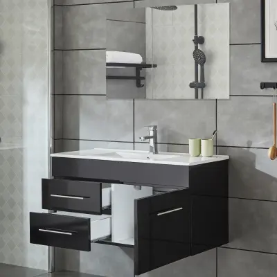 Kommod 100cm | Med tvättställ& badrumsspegel | Högblank svart