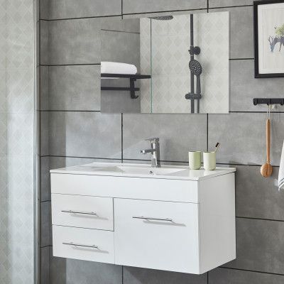 Kommod 100cm | Med tvättställ& badrumsspegel | Högblank vit