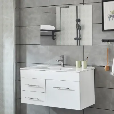 Kommod 100cm | Med tvättställ& badrumsspegel | Högblank vit