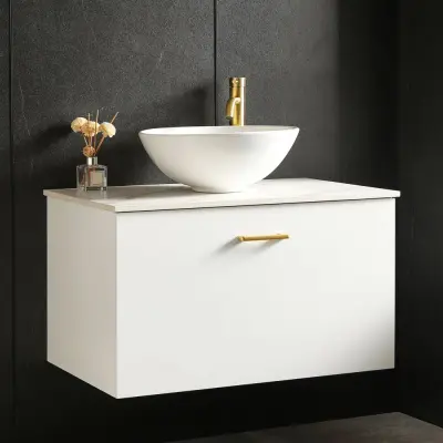 Kommod med tvättställ 60cm | Bänkskiva i sten | Cumulus vit