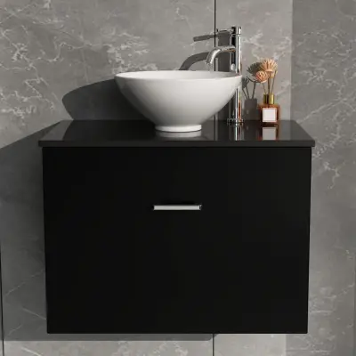 Kommod med tvättställ 60cm | Bänkskiva i sten | Cumulus svart