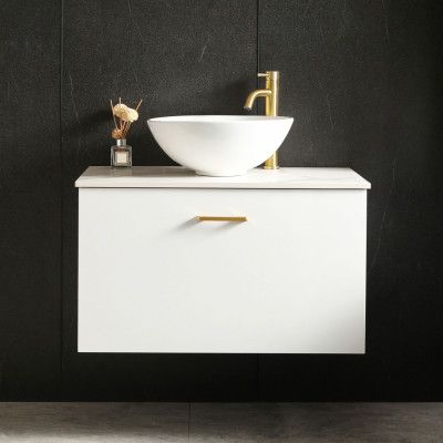 Kommod med tvättställ 60cm | Bänkskiva i sten | Cumulus vit