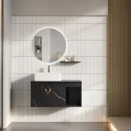 Luxe Badrumspaket 80 cm  Skifferbänkskiva, keramiskt tvättställ&LED-spegel | Mjukstängning