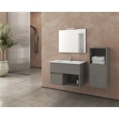 Badrumsmöbler Sorrento 75 - Cementfärgat med spegel- & sidoskåp