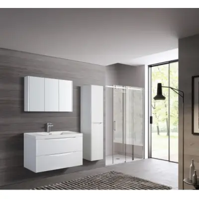 Marina badrumspaket 90 cm  Kommod, Artificiellt stentvättställ, spegelskåp&sidoskåp | Vit Högglans | Mjukstängning