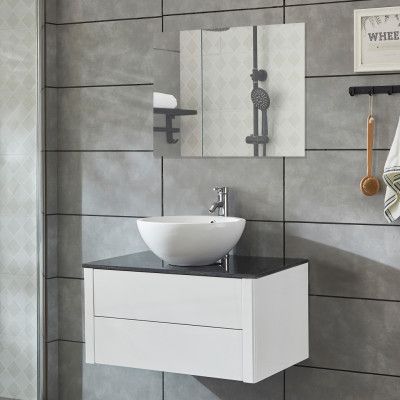 Badrumsmöbel 60cm | LED-spegel med dimmer | Granitimitation