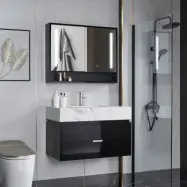 Badrumsmöbel 90cm | LED-spegelskåp | Marmorerad bänkskiva | Svart