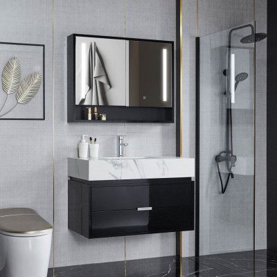 Badrumsmöbel 90cm | LED-spegelskåp | Marmorerad bänkskiva | Svart