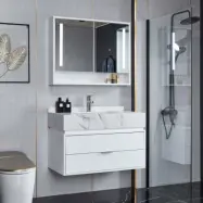 Badrumsmöbel 90cm | LED-spegelskåp | Marmorerad bänkskiva | Vit