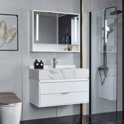 Badrumsmöbel 90cm | LED-spegelskåp | Marmorerad bänkskiva | Vit