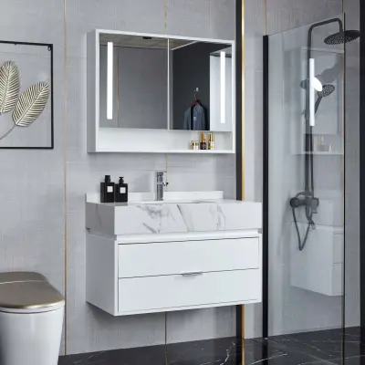 Badrumsmöbel 90cm | LED-spegelskåp | Marmorerad bänkskiva | Vit